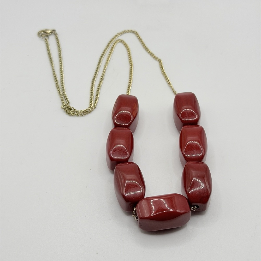 Vintage Red Rectangle Statement Bead Necklace 30" Holiday Christmas Costume Gold
